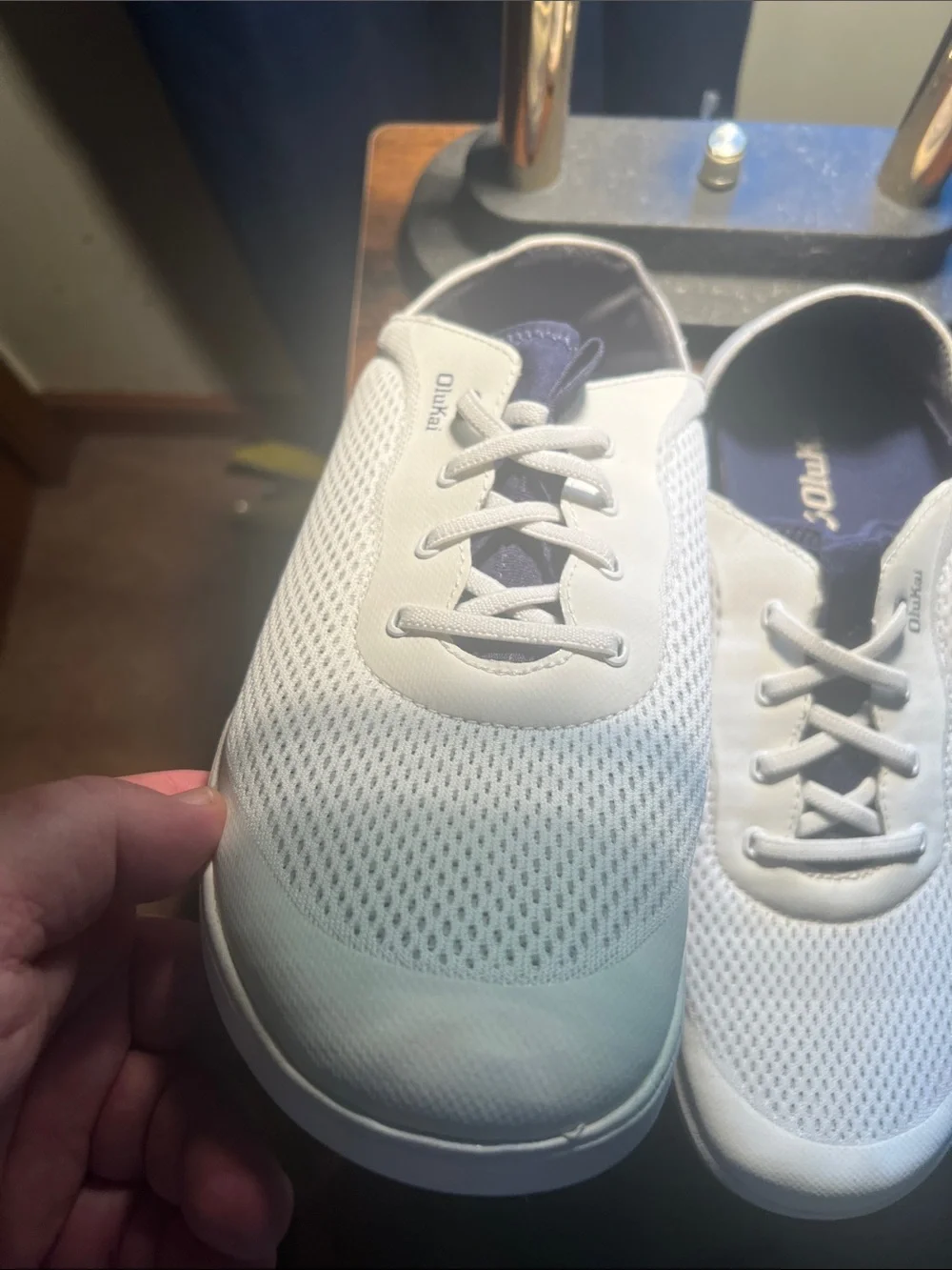 OluKai Men's White Mesh Slip-On Sneakers with Navy Lining